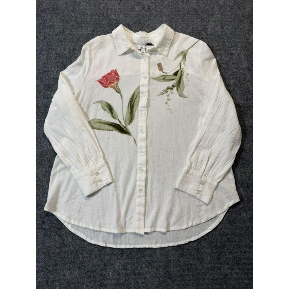 Chico’s Size 2.5 Linen Shirt White Floral Applique Button Front Tunic Top NWT